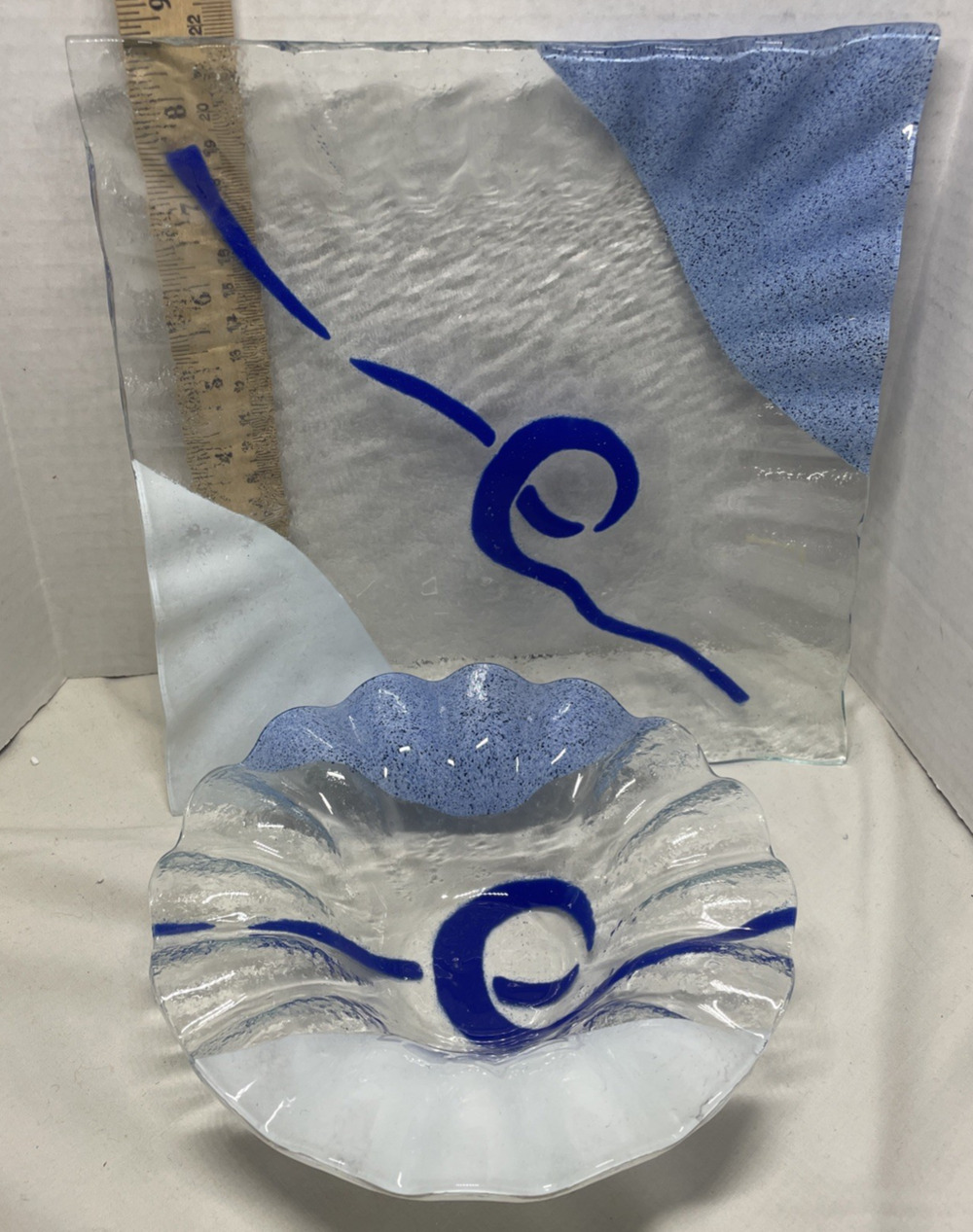 Vintage 2 Sydenstricker Fused Glass Plate And Bowl Set Abstract Blue & white